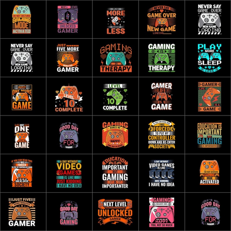 Vector de la colección de diseño de camisetas mega gaming bundle gamer tshirt design set