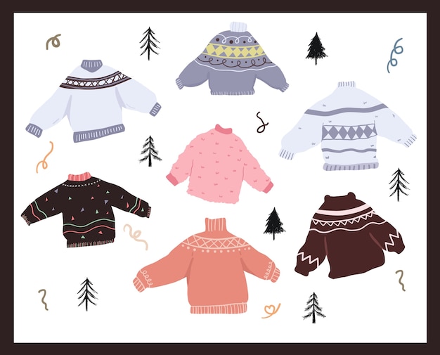 Vector colección de diseño de celebración de vacaciones de navidad conjunto de garabatos de suéter feo