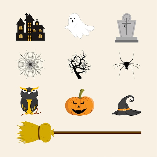 Colección de diseño de elementos de Halloween. Diseño de vector de elemento de miedo de Halloween sobre un fondo blanquecino. Elemento de Halloween con múltiples colores y diseño malvado aterrador.