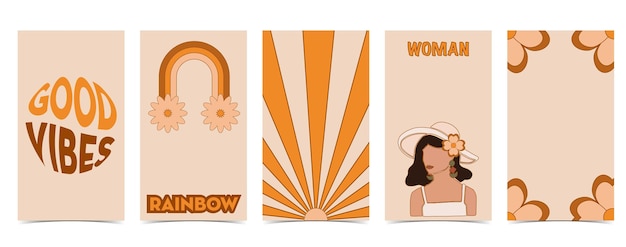 Colección de diseño hippie con flores naranjas, arco iris para redes sociales.