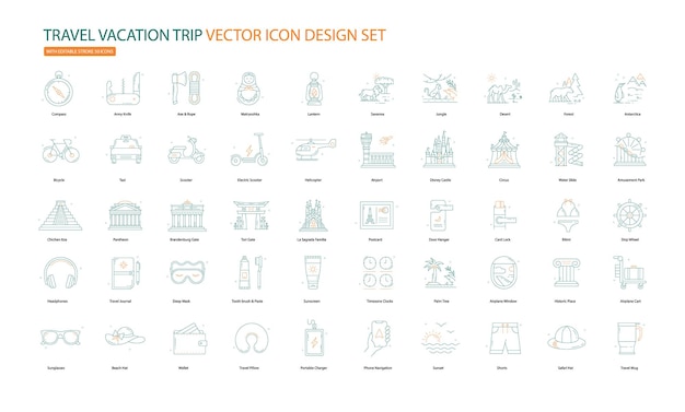 Colección de diseño de íconos vectoriales de viajes con trazo editable