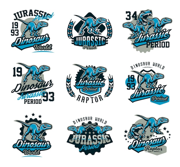 Colección de diseño para imprimir en una camiseta aislada sobre fondo blanco dinosaurio del período Jurásico Logo emblema pegatina letras Mundo antiguo la era de los dinosaurios Ilustración vectorial