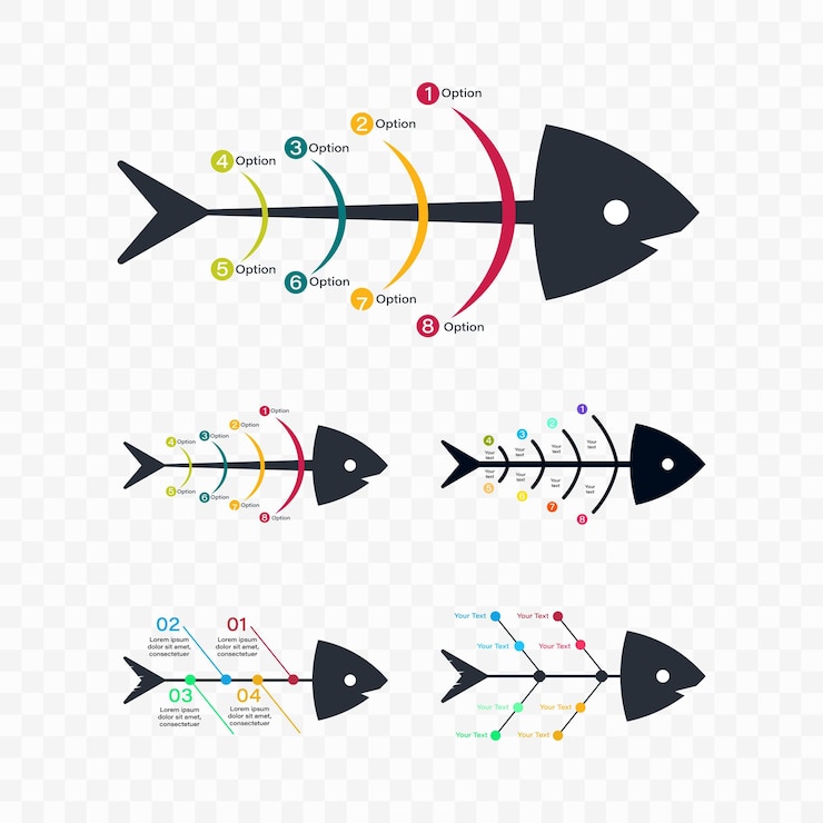 Vector colección de diseño infográfico de espina de pescado con colorida ranura de texto. diseño de infografía sobre fondo blanco, elementos de infografía con estilo para el concepto de presentación de negocios.