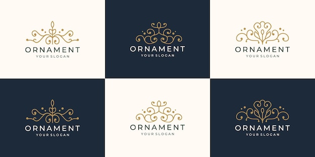 Colección de diseño de logotipo de adorno. Establecer inspiración de logotipo ornamental de estilo lineal de lujo creativo.
