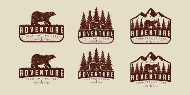 Colección de diseño de logotipo al aire libre Vector de logotipo vintage con oso de pino y elemento de montaña