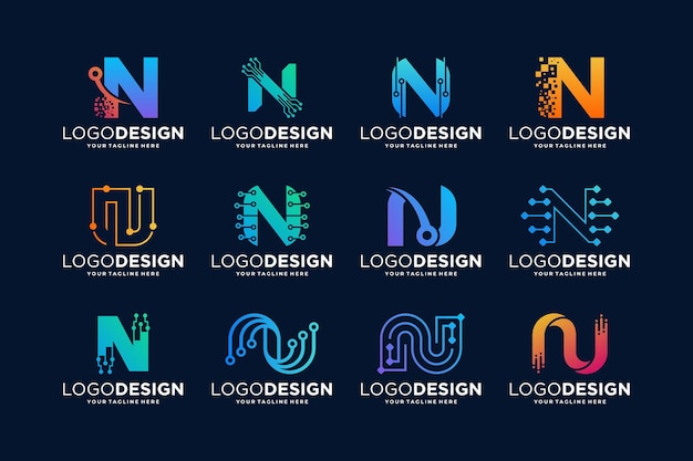 Colección de diseño de logotipo de la letra N con concepto de conexión digital