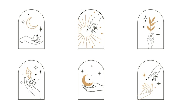 Colección de diseño de logotipo de mano con hoja de luna creciente y elemento de cristal Diseño plano minimalista