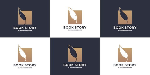 Colección de diseño de logotipo de papelería de libro de plumas doradas