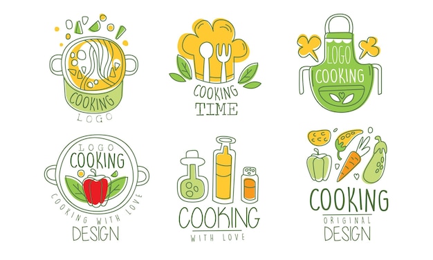 Colección de diseño de logotipo de tiempo de cocción Clase culinaria Cocina de cocina Insignias dibujadas a mano Ilustración vectorial