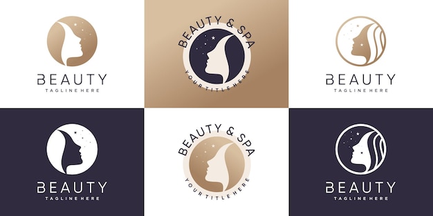 Colección de diseño de logotipos de belleza para salón de spa con rostro de mujer y concepto moderno Vector Premium