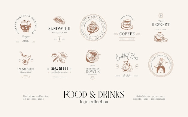 Colección de diseño de logotipos dibujados a mano de alimentos y bebidas para identidad de marca o embalaje