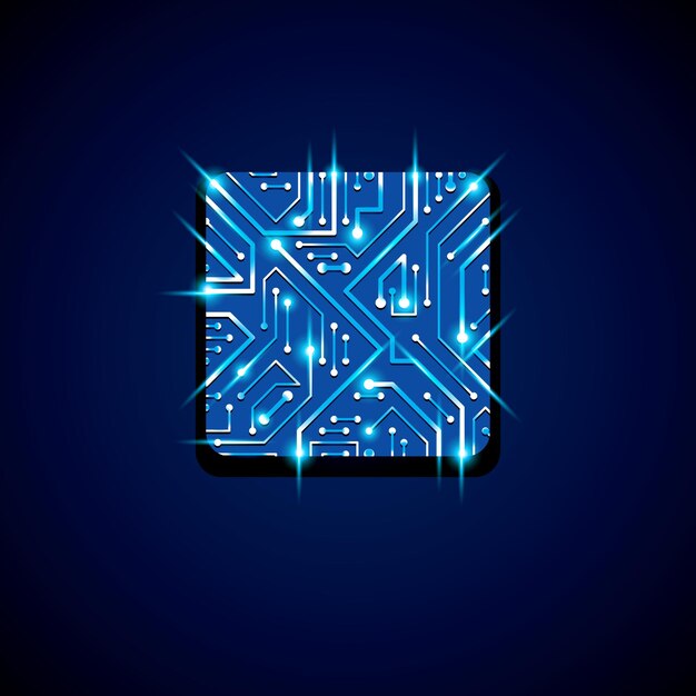 Colección de diseño de microchip vectorial, cpu. Elemento de tecnología de la comunicación de la información con destellos, placa de circuito luminiscente azul en forma de cuadrado.