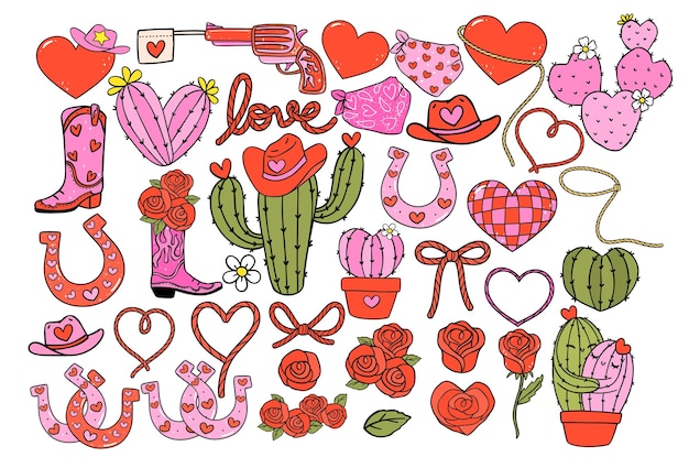 Colección de diseño en negrita dibujada a mano con elementos simbólicos retro Cowboy Western Valentine