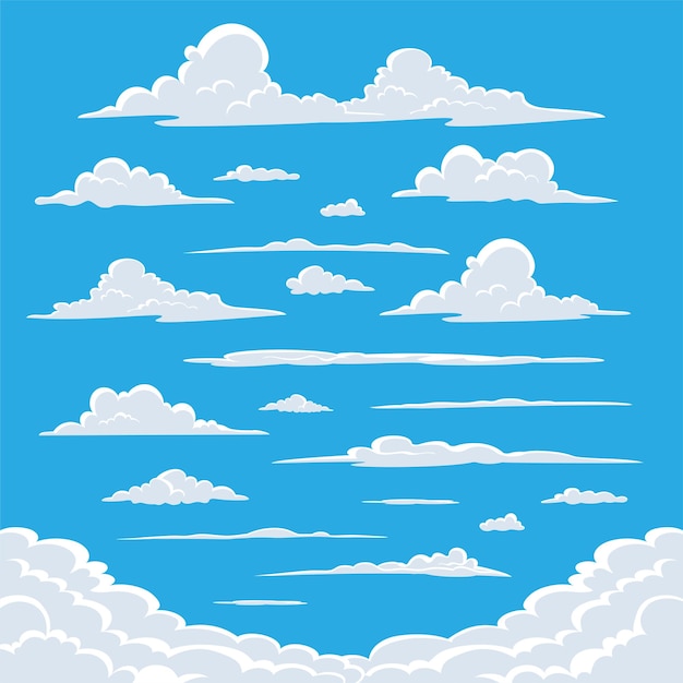 Colección de diseño de nubes de dibujos animados en cielo azul, ilustración de vector de forma de nube de color blanco