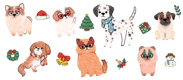 Colección de diseño de personajes de dibujos animados de perros o cachorros con color plano en diferentes poses.