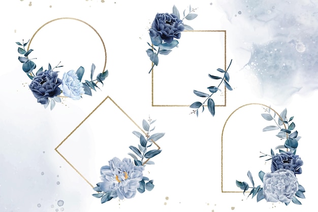 Colección de diseño de plantillas multipropósito de marcos florales de boda de acuarela azul marino