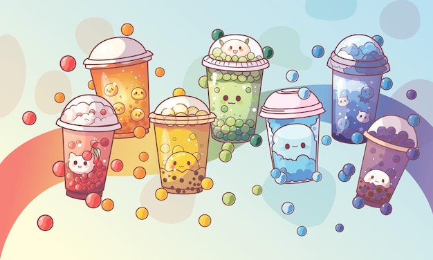 Colección de diseño de tazas de té con leche de burbuja, té de leche de perla, bebidas sabrosas, cafés y refrescos con banner de estilo doodle y cartel de venta ilustración vectorial