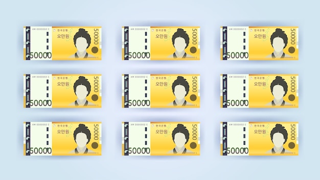 Colección de diseño de vectores de billetes impresos. Moneda coreana, ganó. mil wones a cincuenta mil wones