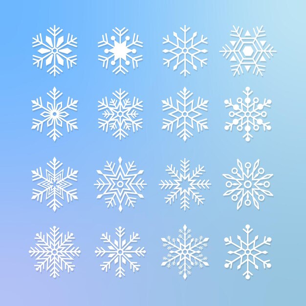Colección de diseño vectorial de copos de nieve aislada en fondo azul degradado