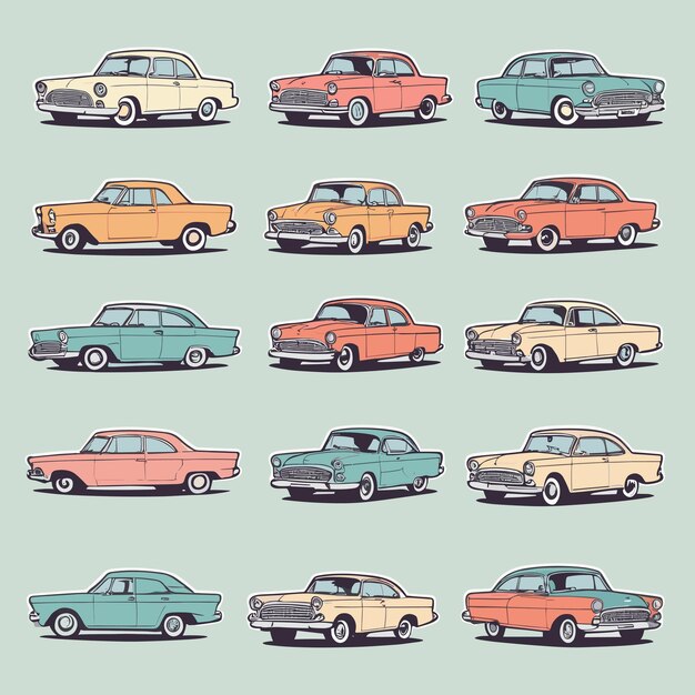 Colección de diseño vectorial retro con ilustraciones de adhesivos de automóviles antiguos