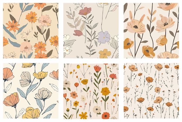 Colección de diseño vintage de flores y hojas de primavera