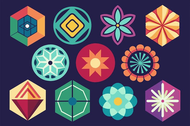 una colección de diseños coloridos que incluyen flores y un fondo azul