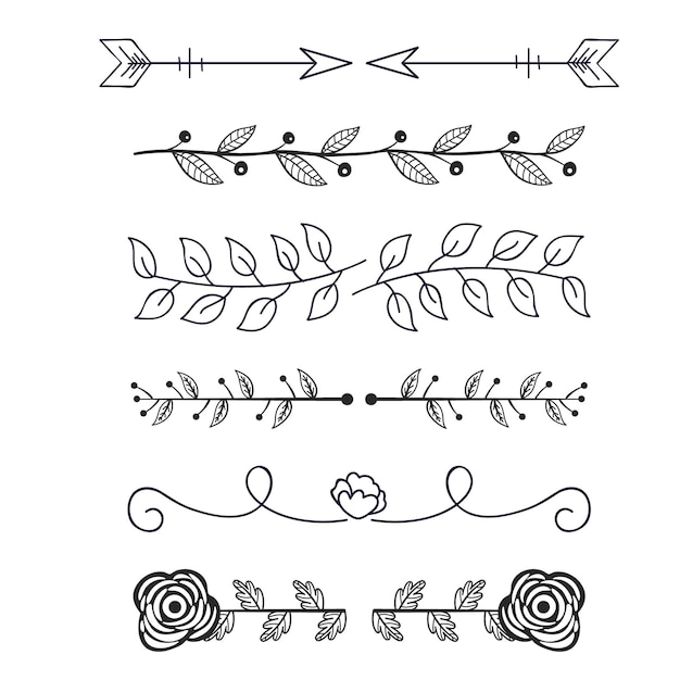 una colección de diseños dibujados a mano que incluyen una flor y hojas