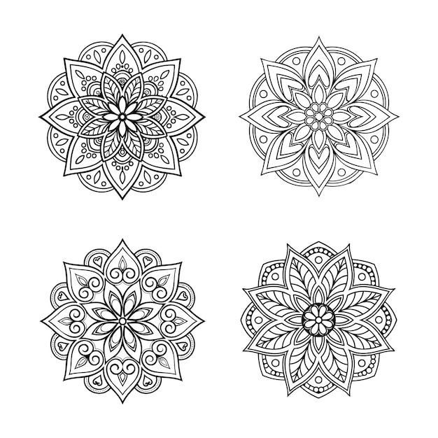 Colección de diseños florales de Mandala en blanco y negro