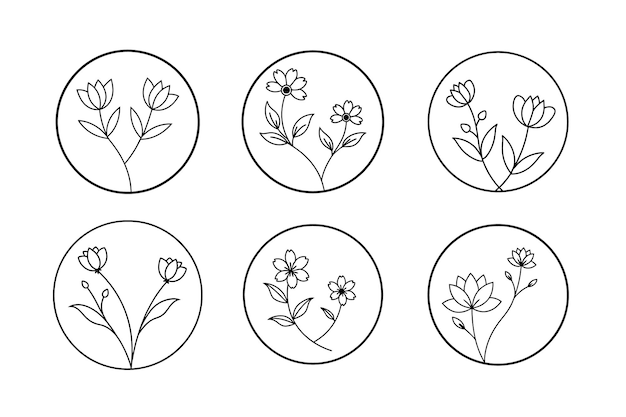 Colección de diseños florales minimalistas dentro de los círculos