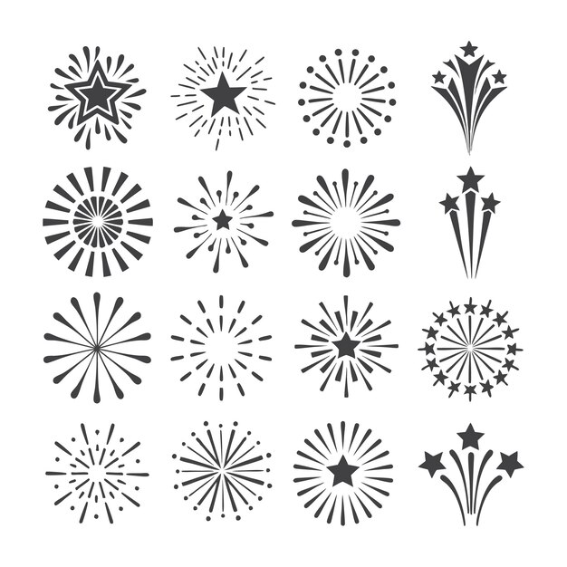 Colección de diseños de fuegos artificiales en blanco y negro con estrellas