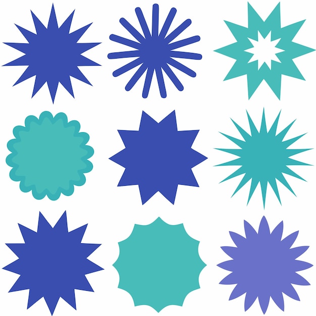 una colección de diseños geométricos azules y verdes con una estrella azul en la parte superior