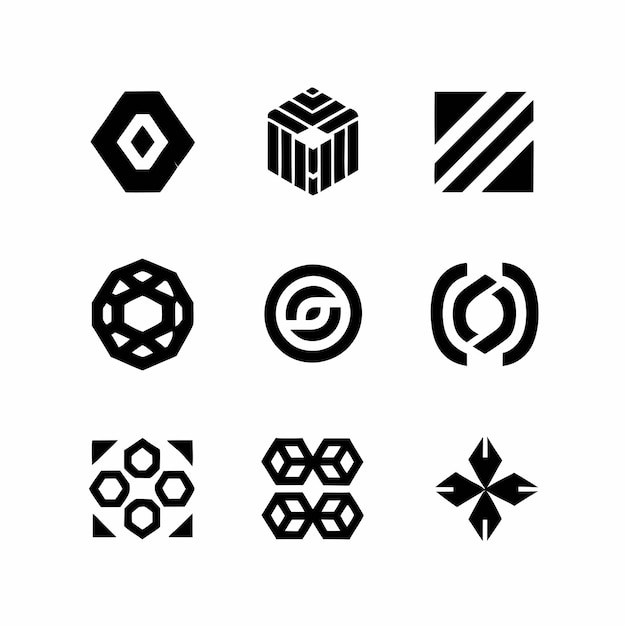 una colección de diseños geométricos en blanco y negro con un fondo blanco