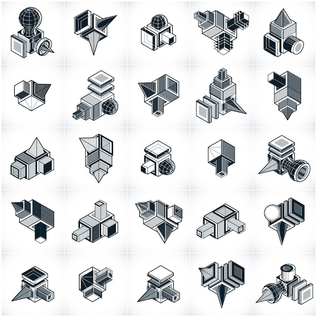 Colección de diseños isométricos de construcción abstracta, conjunto de vectores.