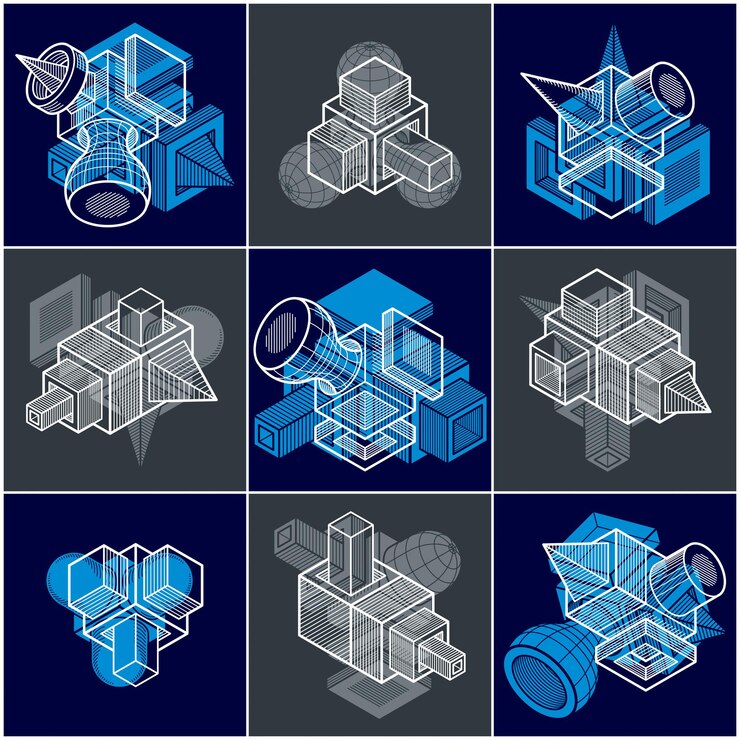 Vector colección de diseños isométricos de construcción abstracta, conjunto de vectores.