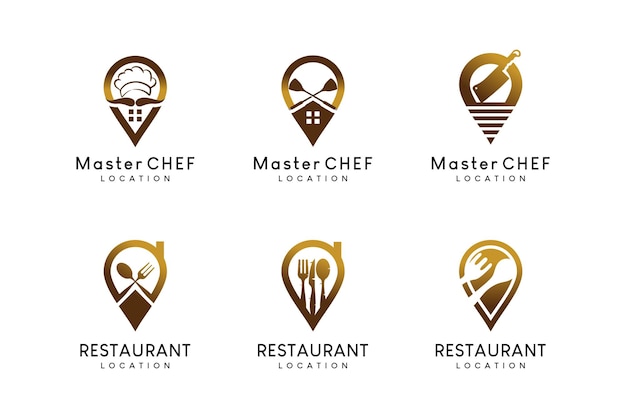 Una colección de diseños de logotipo de icono de pin de ubicación de restaurante con ilustraciones de conceptos creativos