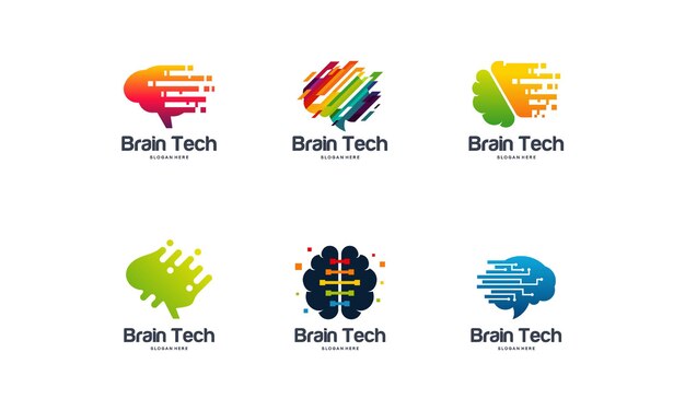 Colección de diseños de logotipos de Brain Tech, logotipos de Mind Technology, plantillas de logotipos de Robotic Brain