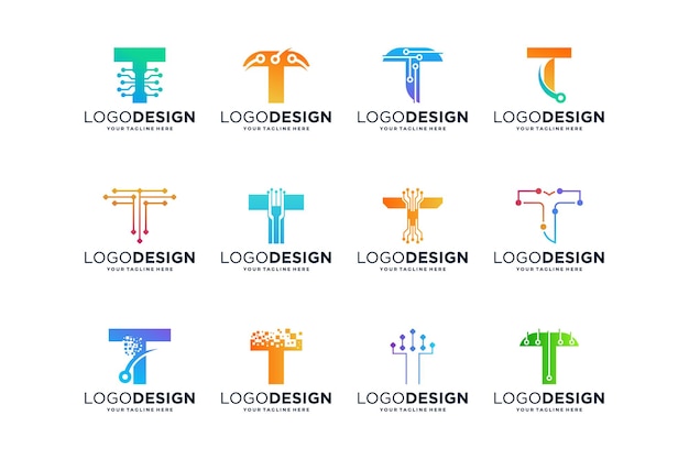 Colección de diseños de logotipos de conexión digital con la letra T