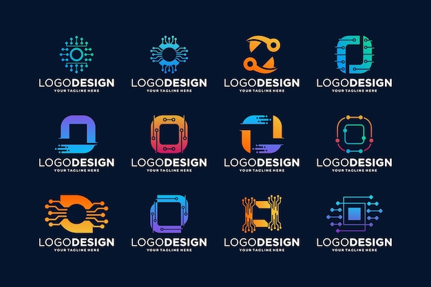 Colección de diseños de logotipos de la letra O de conexión digital