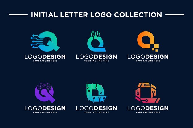 Vector colección de diseños de logotipos de tecnología digital de la letra q