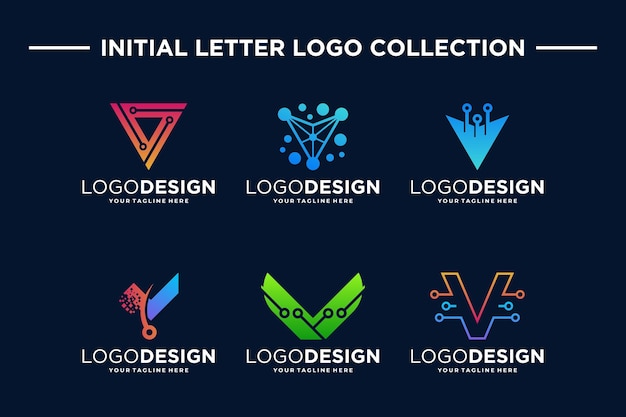 Vector colección de diseños de logotipos de tecnología digital con la letra v