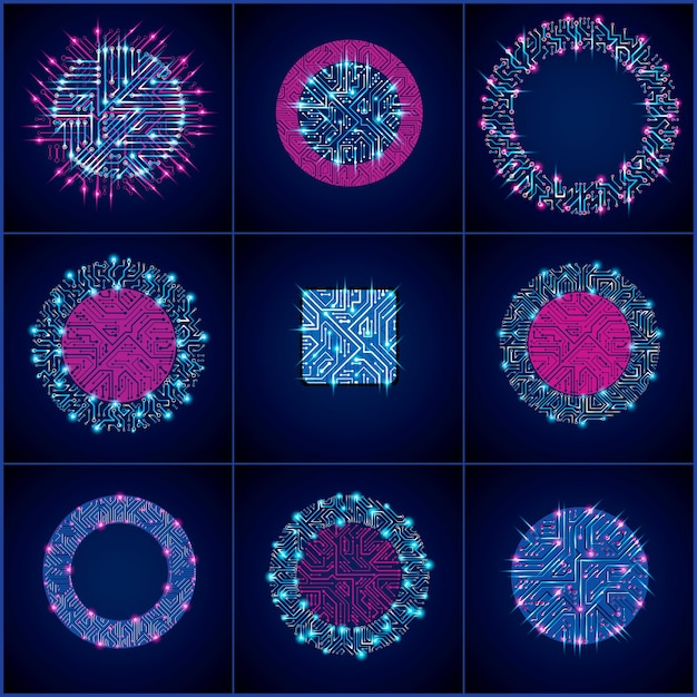 Colección de diseños de microchips vectoriales, cpu. Elementos de tecnología de la comunicación de la información con destellos y flechas, placas de circuito de neón luminiscentes en forma de cuadrado y círculo.