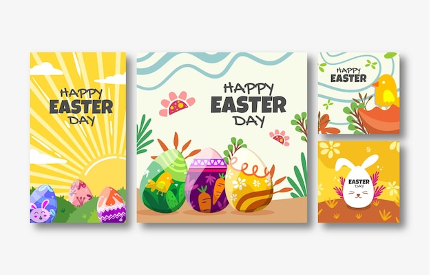 Colección de diseños de plantillas cuadradas de redes sociales y tamaños de historias para felices saludos de Pascua