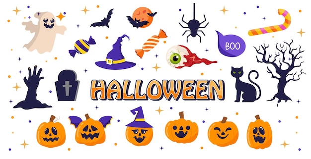 colección de diseños vectoriales de Halloween con conjunto de imágenes prediseñadas de tema de Halloween