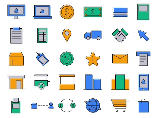 Colección de diseños vectoriales de icones de compras en línea adecuados para aplicaciones, sitios web, etc.
