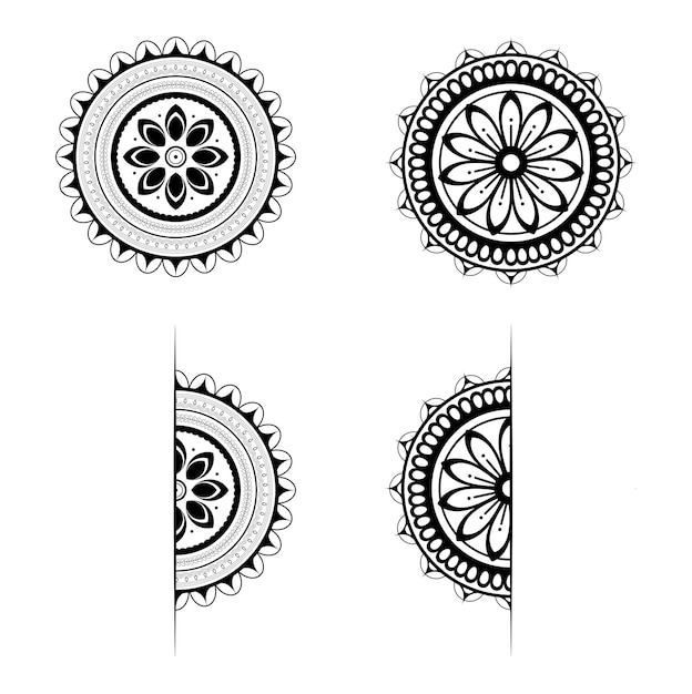 Colección de diseños vectoriales de mandalas dibujadas a mano en blanco y negro