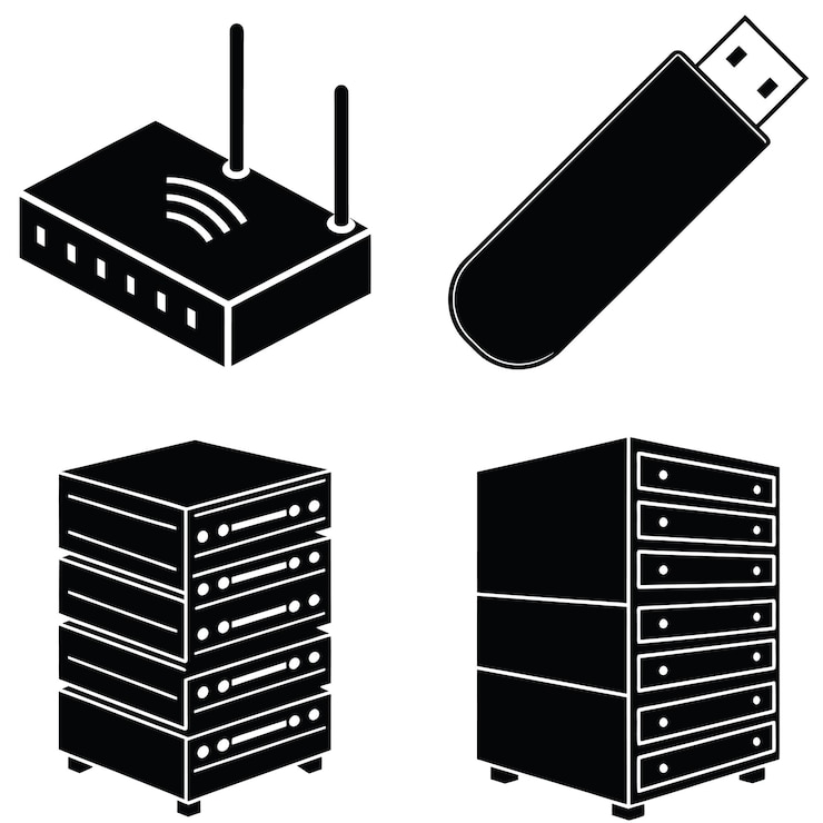 Vector colección de dispositivos digitales, incluida una unidad usb del router y servidores