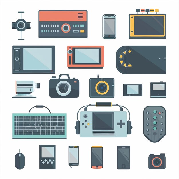 una colección de dispositivos electrónicos incluyendo uno que dice Sony