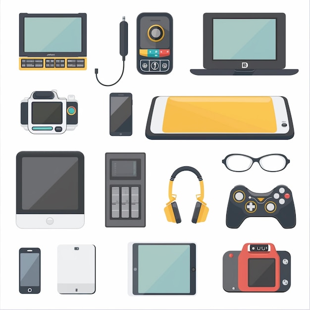 una colección de dispositivos electrónicos incluyendo uno que dice Sony