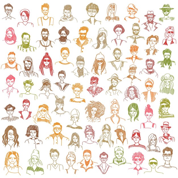 Colección de diversas personas dibujadas a mano se enfrenta a la ilustración vectorial