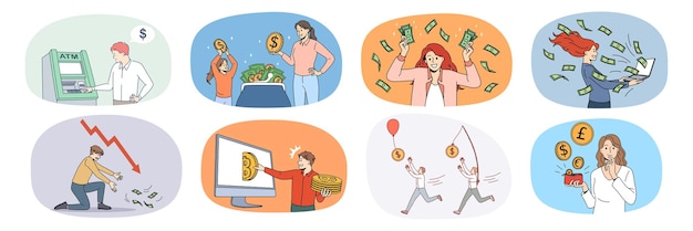 Colección de diversas personas emocionadas con ingresos monetarios o ganancias Conjunto de hombres y mujeres planificar presupuesto administrar gastos y gastos Finanzas y banca Ilustración vectorial
